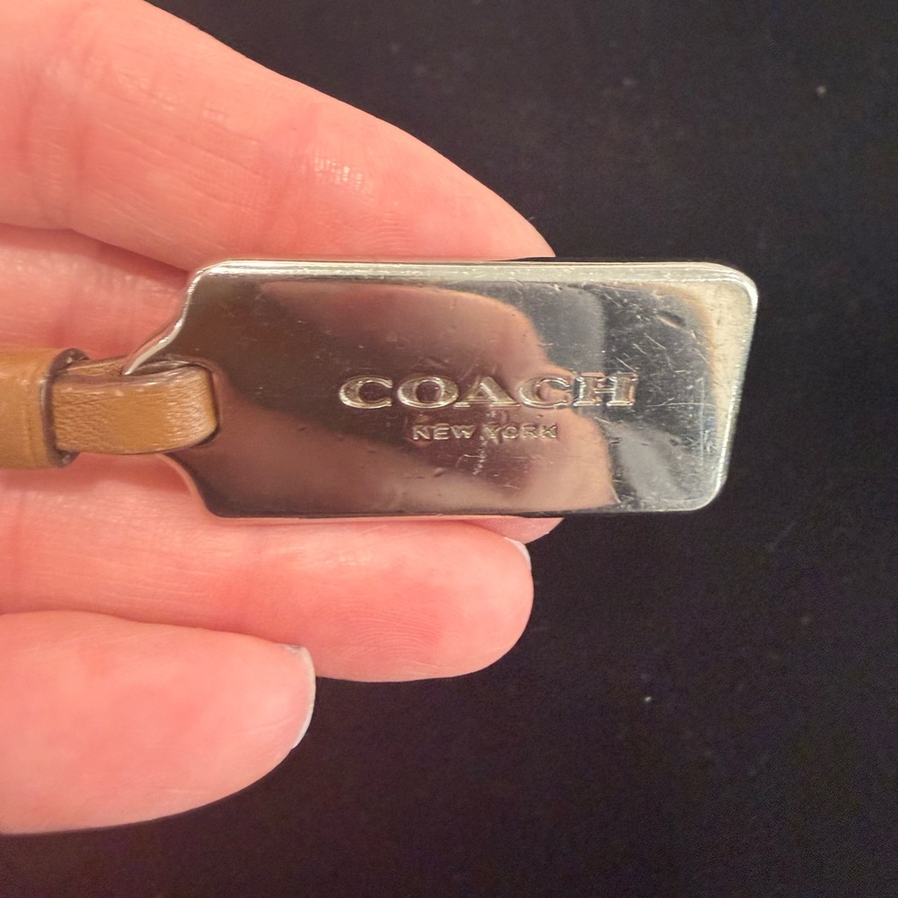 Coach Silver Metal Bag Tag with Tan Leather Loop
